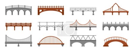 Bridge collection. Railway span iron wooden metal concrete stone footbridge, city industrial architectural construction cartoon flat style. Vector isolated set. Road for transportation as viaduct