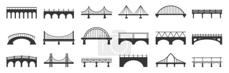 Illustration for Bridge silhouette. Abstract footbridge constructions with stone metal girders, industrial urban architecture building black icons. Vector isolated set. Road connection for transportation - Royalty Free Image