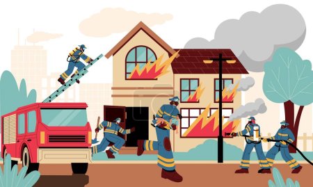 Illustration for Firefighters at burning house. Fireman characters extinguish fire building with hose, emergency workers with firetruck rescue people from blaze. Vector illustration. Team in uniform with equipment - Royalty Free Image