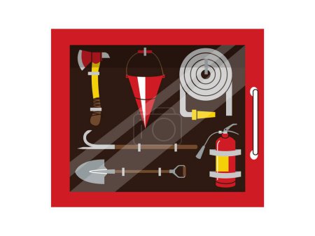 Fire cabinet. Emergency box with rescue protection firefighter equipment, hose extinguisher water hydrant pipe cartoon flat style. Vector isolated set. Storage for tools in urgent situation