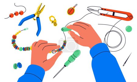 Illustration for Jewelry workshop. Colorful beading spare parts bracelets necklace with tools, cartoon handmade decoration elements DIY handcraft concept. Vector set. Hands making bijouterie with equipment - Royalty Free Image