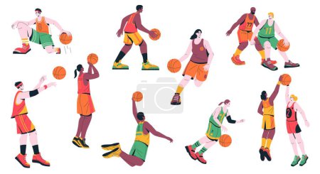 Illustration for Basketball players. Cartoon male and female characters playing sport game dribbling jumping throwing ball in basket, athletes in dynamic pose. Vector set. Sportsman in uniform on championship - Royalty Free Image