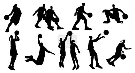 Téléchargez les illustrations : Silhouettes de joueurs de basket-ball. Ensemble de personnages d'athlètes exécutent dribble jump block pass ball, concept de tournoi de jeu sportif. Collecte vectorielle. Entraînement et entraînement des sportifs féminins et masculins - en licence libre de droit