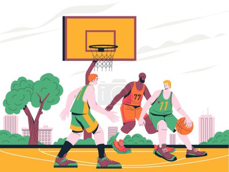 Illustration for Basketball match illustration. Cartoon players playing ball on outdoor court with basket, sport activities concept with cityscape scenery. Vector background. Men in team uniform exercising - Royalty Free Image