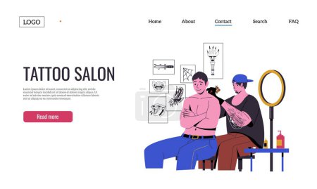 Illustration for Making tattoo landing. Cartoon professional tattooist with ink needle machine at work, master with client in salon flat website page design. Vector illustration. Man drawing on back with equipment - Royalty Free Image