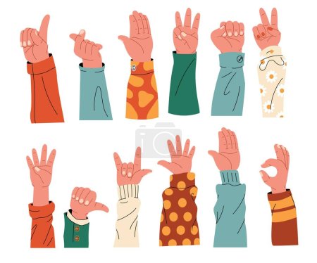 Téléchargez les illustrations : Mains avec collection manches. bras humains en vêtements colorés dessin animé style plat, gestes démonstratifs travail d'équipe charité concept d'éducation. Ensemble vectoriel. Des gens qui montrent des chiffres différents, rock - en licence libre de droit