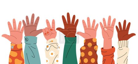 Illustration for Raised hands. Cartoon human palms with different gestures, group of diverse people arms rising together volunteer community concept. Vector flat banner. Multinational characters at party - Royalty Free Image
