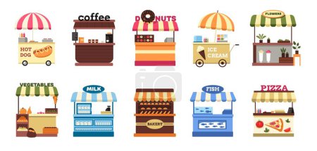 Illustration for Street stall. Cartoon market stand selling fruit vegetable seafood coffee flowers, festival local farm cart with food flat style. Vector isolated set. Business counters with awning selling products - Royalty Free Image