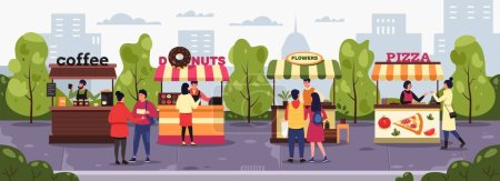 Illustration for Street market. Vendors with vegetable fruit kiosk selling fresh food, people purchase natural organic products from stall cartoon style. Vector flat illustration. Women buying donuts and pizza - Royalty Free Image