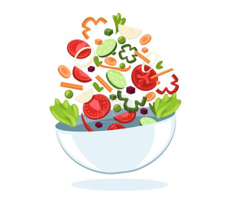 Bowl with flying vegetables. Fresh healthy meal with organic salad vegetarian food, cartoon flat organic ingredients mixed cooking dish. Vector illustration. Chopped and sliced veggies