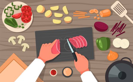 Illustration for Cooking top view. Chef preparing chopping food on table, plate and board with slices cartoon vegetables healthy vegetarian meal cuisine. Vector illustration. Hands holding knife cutting veggies - Royalty Free Image