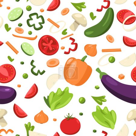 Illustration for Sliced vegetables pattern. Seamless print of chopped natural healthy green products cartoon flat style, vegan vegetarian backdrop for textile wrapping. Vector texture. Raw veggies as tomato, eggplant - Royalty Free Image