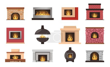 Illustration for Fireplaces. Warm cozy house interior decoration stove with firewood flames, home comfort recreation zone made of bricks stone gypsum. Vector isolated set. Old and modern house decor - Royalty Free Image