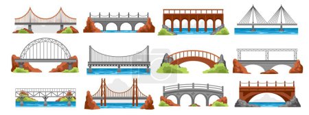 Cartoon bridge architecture. Suspension river crossing bridgework, railway road drawbridge in mountains, urban industrial construction. Vector set. Metal, wooden and stone elements