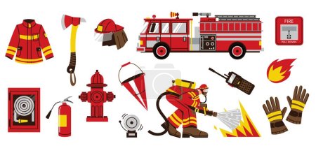 Téléchargez les illustrations : Camion de pompiers avec équipement. Personnages de pompiers avec extincteur de secours rouge seau de prise d'eau, instruments de pompier département. Ensemble vectoriel d'outils de protection et de vêtements comme gants, casque - en licence libre de droit