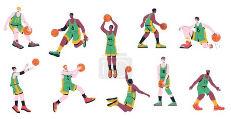Illustration for Men basketball players. Set of male characters training throwing ball in basket, sport team in uniform playing game cartoon flat style. Vector collection. Sportsmen exercising, hobby activity - Royalty Free Image