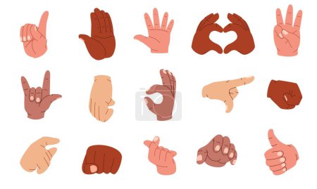 Ilustración de Manos humanas de dibujos animados. Los gestos con los dedos que señalan apretaron los puños signo bien apretón de manos toque del dedo índice, expresión del lenguaje corporal. Conjunto plano vectorial. Mostrando el pulgar hacia arriba, bien y el símbolo de roca - Imagen libre de derechos