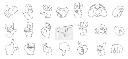 Illustration for Linear hand gestures. Woman hands different poses minimal linear style, outline simple palm silhouettes with pointing fingers delicate touch. Vector collection. Heart symbol, thumb up and down - Royalty Free Image