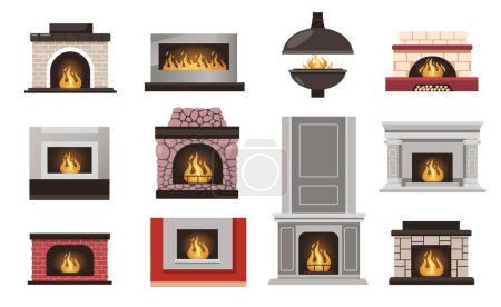 Illustration for Home fireplace collection. Cartoon house hearth with grate and firewood flame, flat electric coal gas bio-fuel stove cozy winter relaxation. Vector set. Burning wood, cozy and comfortable interior - Royalty Free Image