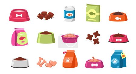 Illustration for Pet food. Dry meal for cats and dogs cartoon style, colorful bowl jar package container with treats domestic animals feed assortment. Vector flat set. Can with wet food and paper pack, snacks - Royalty Free Image