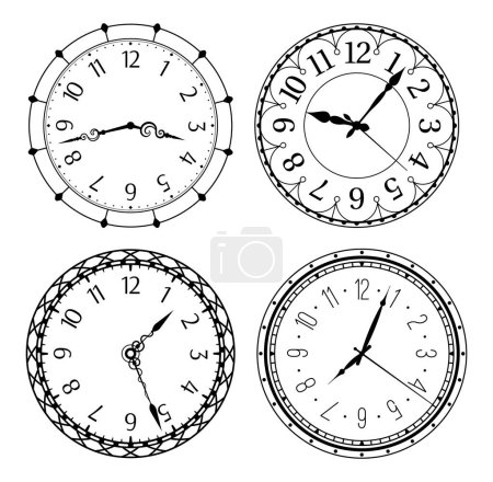 Téléchargez les illustrations : Antique clocks with arabic numerals. Classic and vintage round designs with numbers and hands isolated vector set. Watchfaces showing time minutes and seconds. Interior objects hanging on wall - en licence libre de droit