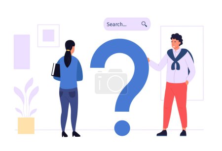 Téléchargez les illustrations : Online question answers search. Male and female characters looking for solution in internet, solving problems. Office employees working together, brainstorming. People having doubts vector - en licence libre de droit