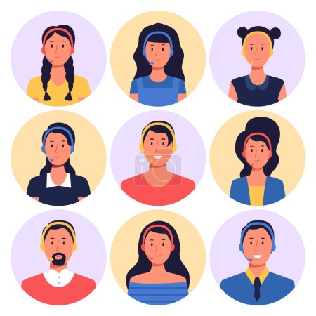 Téléchargez les illustrations : Call center assistant. Female and male characters with headset round avatars. Man and woman workers communicating with clients. Online helpline employees with headphones isolated vector set - en licence libre de droit