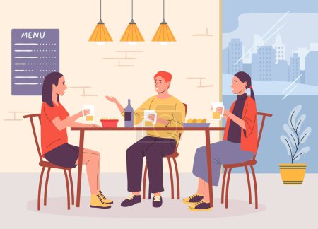 Coffee break. Female and male characters sitting at table in cafe. People drinking beer and eating snacks. Friends communicating and having lunch. Group of adults having rest vector illustration