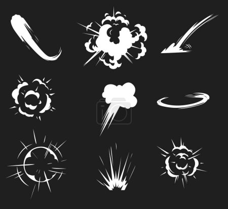 Ilustración de Comic energy explosion. Trace from movements, clouds and sparks from bombs or dynamites detonations. Speed dynamic motion smoke or dust trail. Puff, mist special effects isolated vector set - Imagen libre de derechos