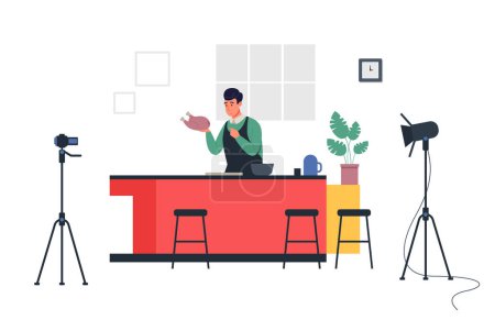 Téléchargez les illustrations : Cooking blogger. Male chef making food online in front of cameras. Character streaming and teaching how to prepare chicken. Cooking Chanel content vector illustration, cartoon kitchen interior - en licence libre de droit