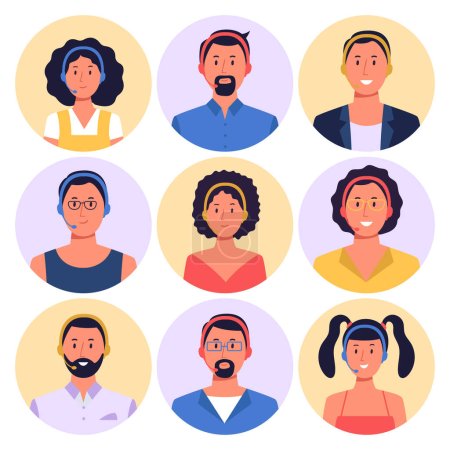 Ilustración de Customer support worker. Male and female round portraits with smiling faces. Characters with headsets answering clients calls, assisting and providing support. Helpline occupation vector set - Imagen libre de derechos