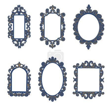 Illustration for Decorative frames. Vintage elegant borders with curved design elements. Antique decorative mirror or picture framing in baroque romantic style. Classic beautiful decoration objects isolated vector set - Royalty Free Image