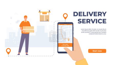 Ilustración de Delivery service application. Man courier in uniform holding box, drone flying with package for shipping. Hand holding smartphone with app showing map for postal tracking landing vector - Imagen libre de derechos