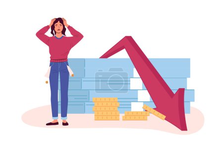 Illustration for Financial crisis. Poor depressed woman standing near falling arrow and stack of banknotes showing market fall. Company bankruptcy, worker losing money, empty pockets. Crash of economy vector - Royalty Free Image