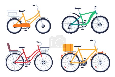 Téléchargez les illustrations : Flat bikes, bicycle for delivery product. Vehicles with basket, box for food shipping. Ordering meal. Container for hot products distribution. Package transportation service vector isolated set - en licence libre de droit
