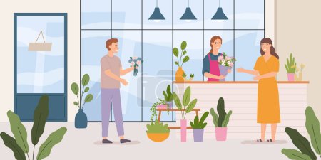 Téléchargez les illustrations : Flower store. Florist making bouquet for female client. Cheerful male customer buying plants. Woman standing at counter and welcoming retail store visitors. Selling houseplants in pots vector - en licence libre de droit