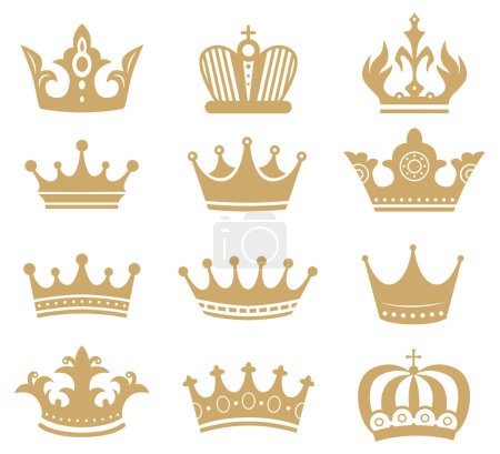 Ilustración de Gold crown silhouette. Royal king and queen elements isolated on white. Monarch jewelry, diadem or tiara for princess or objects for princess coronation. Vintage royalty symbols vector set - Imagen libre de derechos