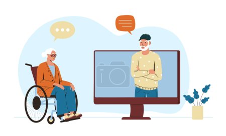 Téléchargez les illustrations : Grandfather and grandmother with gadget. Senior man and woman communicating online. Male character talking from computer screen to grandma on wheelchair. Modern technology vector concept - en licence libre de droit