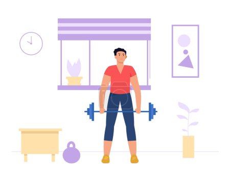 Téléchargez les illustrations : Home exercises. Male character exercising with barbell in living room. Active man athlete lifting weight. Cartoon strong young person in sportswear having healthy physical activity vector - en licence libre de droit