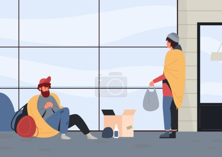 Illustration for Homeless people outdoor. Poor man sitting on street and begging money and food. Person in ragged clothing bringing package. Jobless male character in poverty having alcohol addiction vector - Royalty Free Image