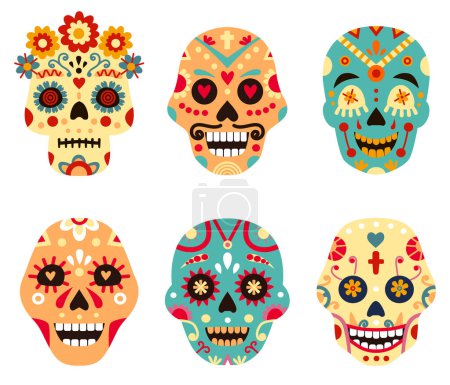 Téléchargez les illustrations : Illustration death skull, tattoo mexican decoration. Holiday celebration, traditional symbol with floral disign such as flowers, hearts and curves. Religious art motif isolated vector set - en licence libre de droit