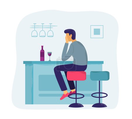 Illustration for Loneliness feelings. Male character sitting at table in kitchen with bottle of wine and glass. Man in depression or in despair having addiction to alcohol. Drunk person having unhealthy habit vector - Royalty Free Image