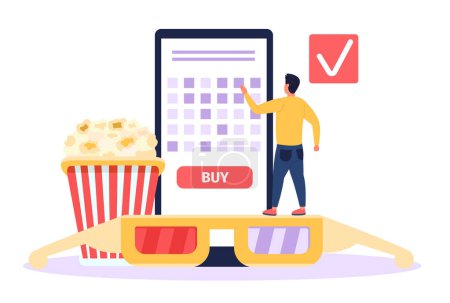Ilustración de Man buying cinema tickets online. Tiny person reserving movie seats via smartphone application. Male character using gadget app to book or purchase tickets, standing on 3d glasses and popcorn vector - Imagen libre de derechos