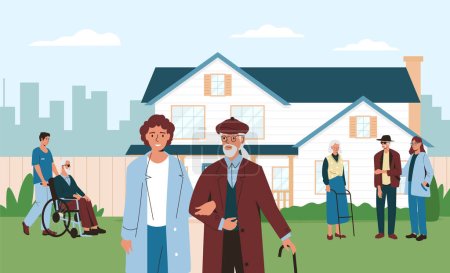Illustration for Nursing home center for retired people. Building exterior with garden where old people walking with medical workers. Man on wheelchair with caregiver, blind pensioner. Patient rehabilitation vector - Royalty Free Image