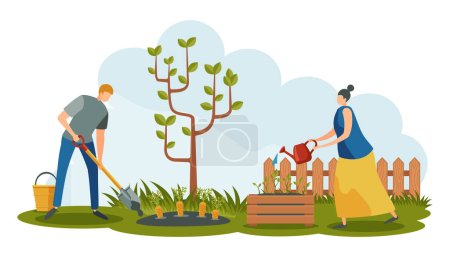 Illustration for People characters working in garden. Man digging carrot with shovel, woman watering plants. Cartoon young couple growing harvest with vegetables together. Agriculture activities vector - Royalty Free Image