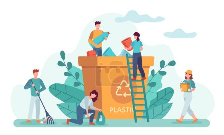 Illustration for People clean up garbage. Volunteers gathering trash for recycling. Tiny people collecting plastic litter and putting into huge bin container. Activists protecting environment from pollution vector - Royalty Free Image