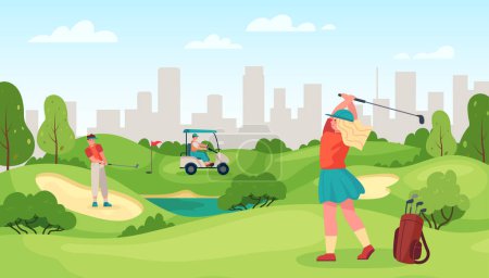 Ilustración de People playing golf. Young female and male friends with professional equipment doing sport. Active outdoor hobby. Cartoon girl and boy hitting ball with clubs. Summer leisure time activity vector - Imagen libre de derechos
