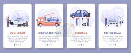 Illustration for Screen poster for automobile mechanic mobile app vector set. Quick car repair service. Auto towing and examining, breakage fixing by professional technician workers. Vehicle maintenance center - Royalty Free Image
