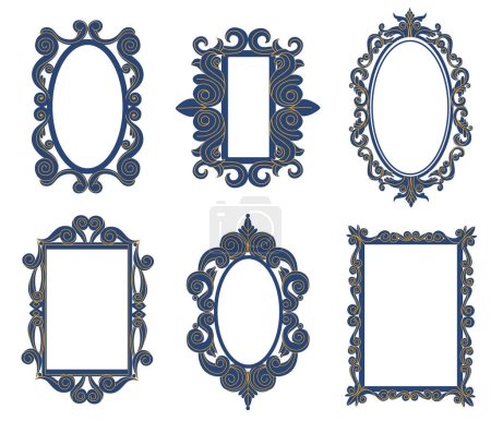 Illustration for Vintage baroque antique decorative tracery mirrors. Elegant borders with curves elements of different shape such as oval and rectangle. Creative filigree frames with swirls isolated vector set - Royalty Free Image