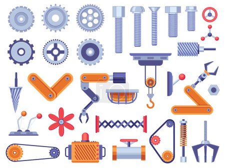 Téléchargez les illustrations : Mechanism parts. Mechanical and electric engine nut screw bolt transmission details, machinery industrial equipment car engineering concept. Vector isolated set of gear to engineering machine - en licence libre de droit